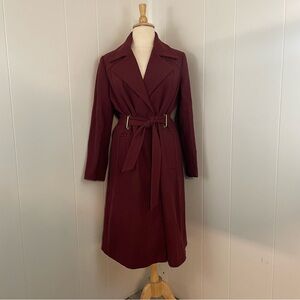 Worthington Burgundy Wool Blend Long Coat Women’s XL Mid Calf 1 Button Belted